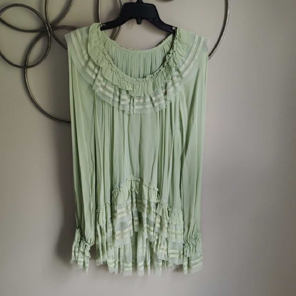 Anthropologie Light Sage Ruffled Boho Tunic - Picture 2 of 7